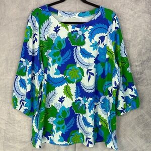 Belle Kim Gravel Womens XL colorful Floral Paisley 3/4 Sleeve Top coastal preppy